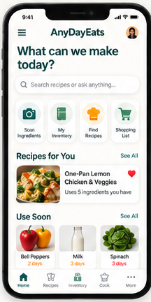 AnyDayEats app home screen showing ingredient-aware recipe ideas